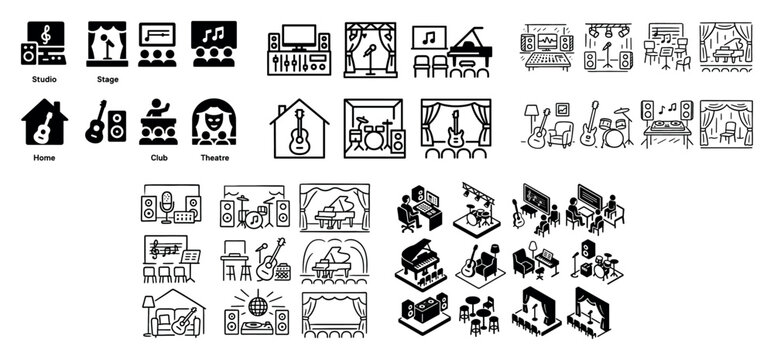 Music icons with guitar piano stage outline