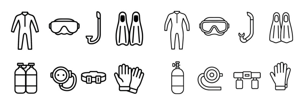 Diving icons with wetsuit mask fin outline
