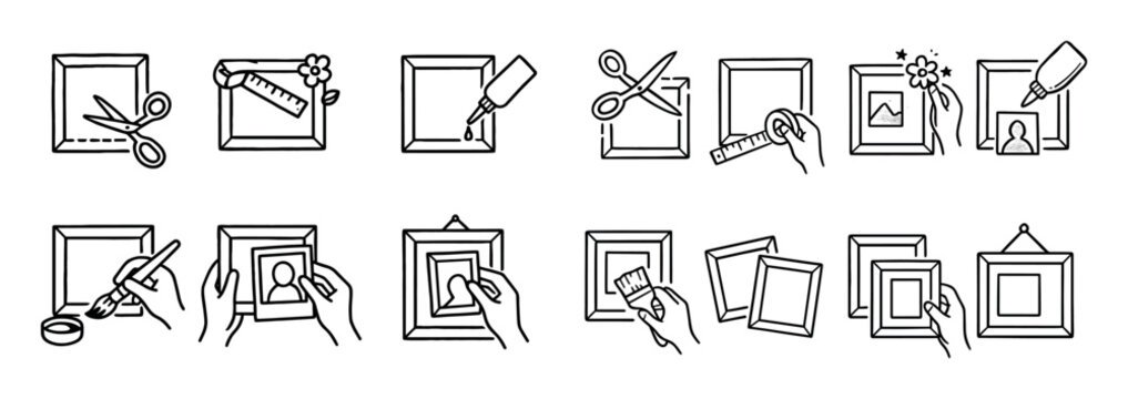 Art icons with frame scissors ruler outline