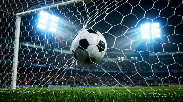 Soccer ball flying into goal net at night stadium