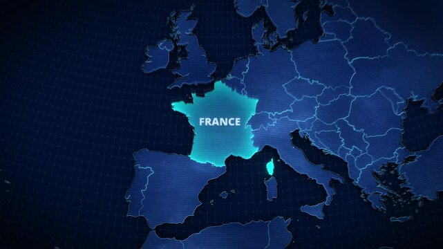 Glowing digital 3D map of Europe highlighting France in bright cyan. Professional broadcast news graphic or presentation backdrop featuring dark navy blue styling and high-tech geographical borders.
