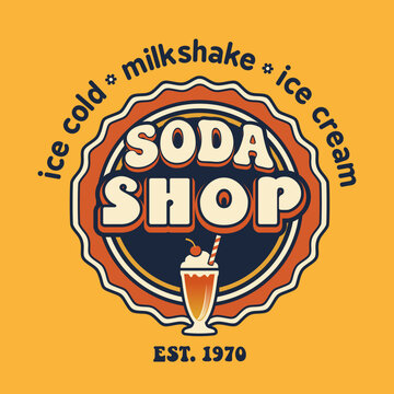 Retro Soda Shop badge vector logo with milkshake illustration, circular vintage emblem with scalloped border, ice cold drinks and ice cream lettering, vector label design for cafe branding
