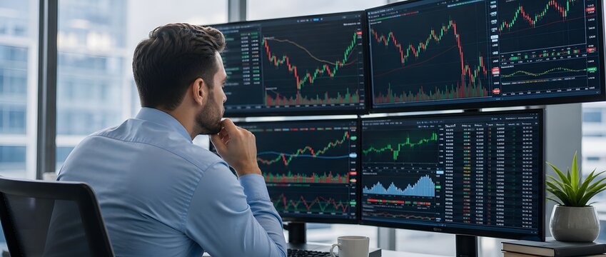 Professional stock market trader analyzing financial data and cryptocurrency charts on multiple computer screens in a modern office, focused businessman working on investment strategy and global