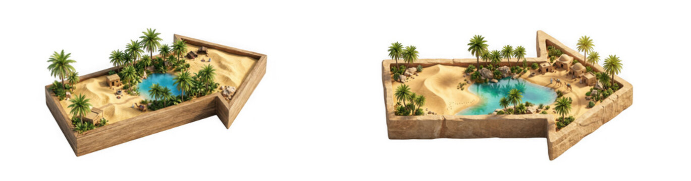Set of two isometric desert oasis arrow shapes with palm trees and water isolated on transparent background