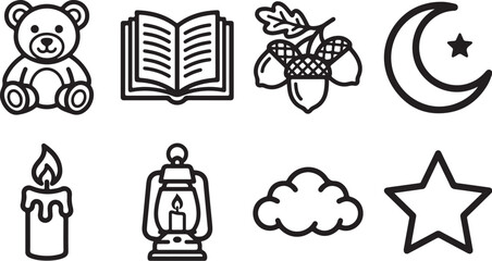 Fototapeta premium Minimalist icons set of cozy and nighttime symbols