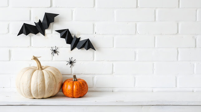 Halloween decorations, white pumpkin, orange pumpkin, black bats, spooky decor, fall season halloween