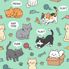 Fototapeta premium This vibrant image features an adorable collection of cats in various playful poses, showcasing their cuteness and charm with delightful colors and fun elements.