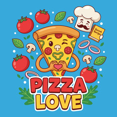 Fototapeta premium The cheerful pizza character is adorned with tomatoes and herbs, expressing a fun, playful take on the theme of pizza love, perfect for food enthusiasts and casual dining promotions.
