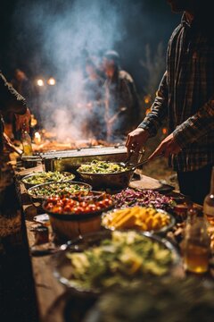 Barbecue picnic with friends choosing fresh salads over cigarettes, smoke-free fun under starry night