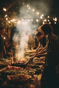 Barbecue picnic with friends choosing fresh salads over cigarettes, smoke-free fun under starry night