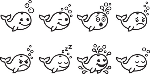 Fototapeta premium Whale cartoon icons showing different emotions