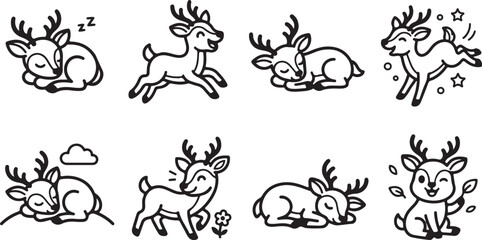 Fototapeta premium Cute deer icons in playful and sleeping poses
