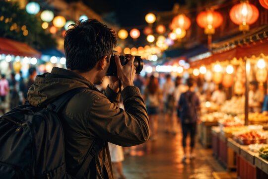man taking photo with camera in vibrant night market with lanterns
