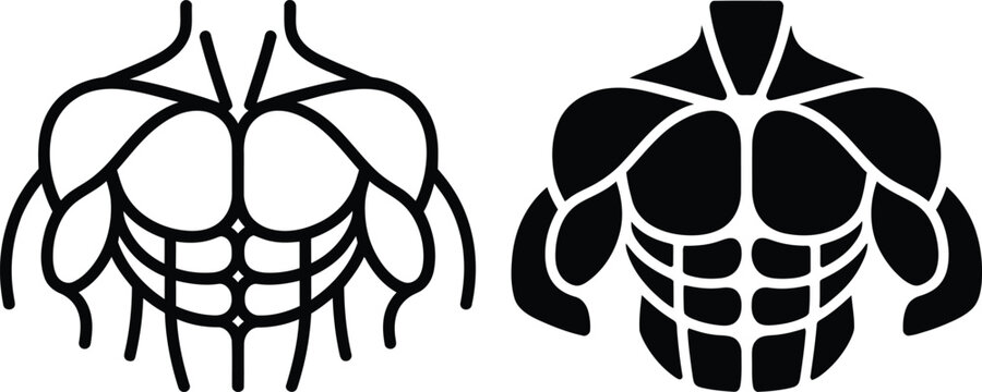 Upper body muscular chest and abdominal icon set for gym fitness and athletic training with muscular bodybuilding illustration strength training physical interface isolated collection