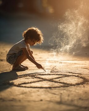 Child drawing a no-smoking symbol with chalk on pavement, soft natural light, hopeful atmosphere