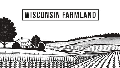 Fototapeta premium Very beautiful black and white realistic vector illustration of a Wisconsin farm panorama featuring a bold label reading 