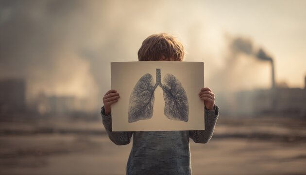 Child holding drawing of clean lungs while smoky background fades away, emotional storytelling, soft daylight