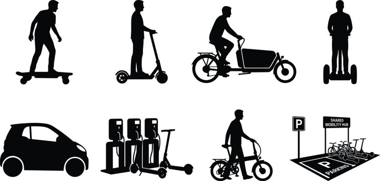 Set of micro-mobility and shared transportation icons for smart city urban planning and commuting solutions