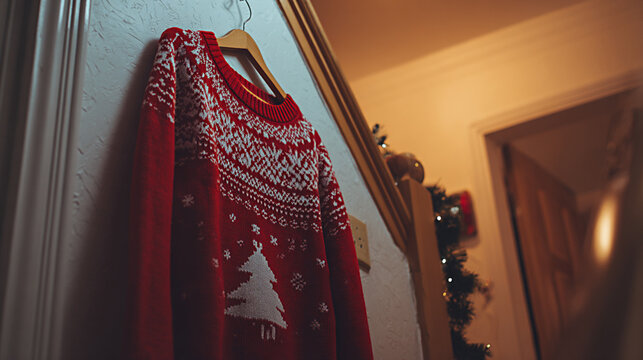Red Christmas sweater with white snowflake and tree patterns hanging on a wooden hanger in a cozy indoor setting with soft lighting and holiday decorations visible