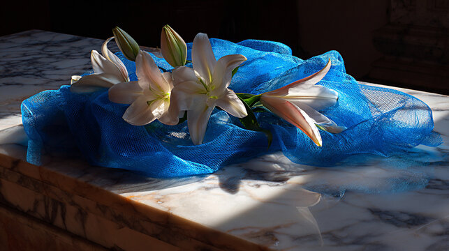 White lilies arranged on a blue mesh fabric draped over a marble surface, illuminated by soft natural light creating gentle shadows and highlights