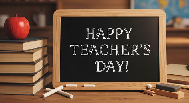 Happy teachers day message on chalkboard with books and apple, chalkboard