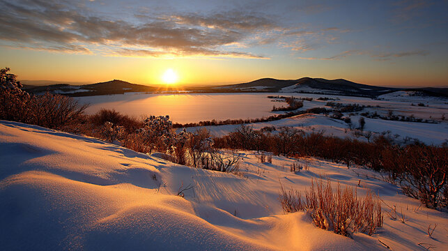 Snow-covered landscape at sunrise with rolling hills and frozen lake reflecting golden light, trees and shrubs visible in the foreground and background
