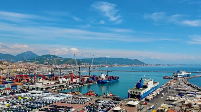 4K drone video footage of Salerno. Aerial panorama of Salerno city, harbor and Bay of Salerno, stunning Mediterranean coastline and historic urban landscape in Campania, I