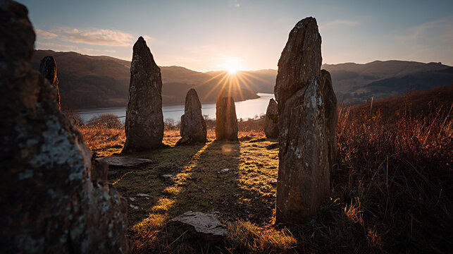 Ancient stone circle at sunset with sun rays illuminating the landscape, surrounded by hills and a lake in the background, creating a serene natural setting