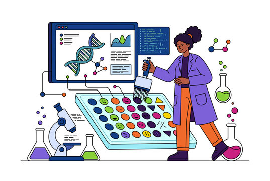 Genetic engineering research at dna microarray laboratory with biotechnology analysis and molecular science