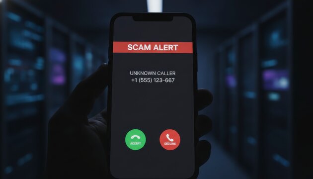 Person holding smartphone displaying scam call alert with accept and decline options on desk with laptop