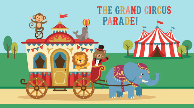 A vibrant circus parade scene featuring adorable animals like a lion, monkey, and elephant, showcasing joy, fun, and the excitement of a circus atmosphere.