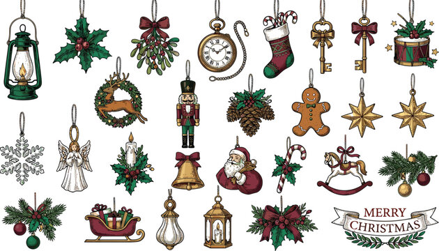 Vintage Hand Drawn Engraving Christmas Ornament Set with Santa, Nutcracker, Reindeer, Lantern, Bell, and Holly Elements for Nostalgic Winter Holiday Graphic Designs