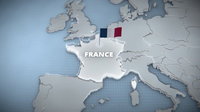 3D infographic map of Europe highlighting France with national flag and text label, broadcast news graphic style for widescreen presentations.
