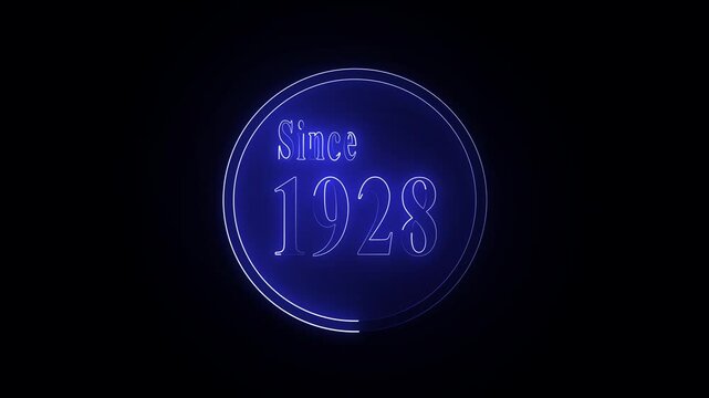 Elegant glowing neon text displaying "Since 1928" with a premium futuristic sign effect. Bright luminous outline, soft neon bloom, subtle flickering animation