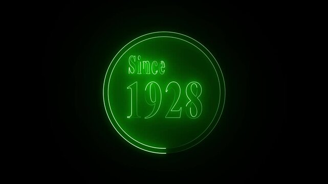 Elegant glowing neon text displaying "Since 1928" with a premium futuristic sign effect. Bright luminous outline, soft neon bloom, subtle flickering animation