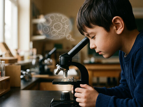 Curious schoolboy looking through a microscope while imagining microscopic cells during a science lesson in a modern classroom laboratory