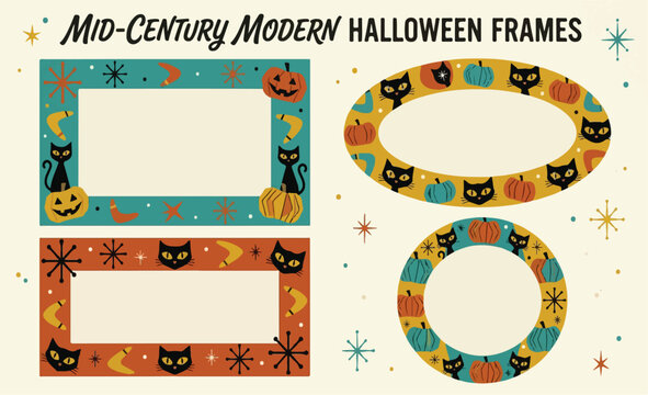 Retro Mid-Century Modern Halloween Frames Set, Vintage Atomic Style Graphic Borders with Black Cats and Pumpkins