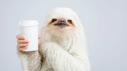 Fototapeta premium Sloth holding takeaway cup against pale neutral background