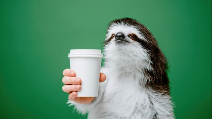 Fototapeta premium Sloth offered coffee cup by human hand against green backdrop