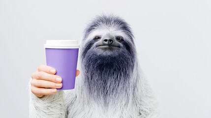 Fototapeta premium Sloth holding purple cup in neutral studio backdrop