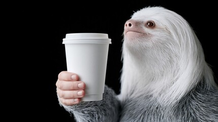 Fototapeta premium White sloth holding coffee cup on black background