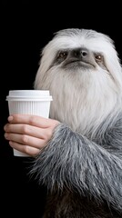 Fototapeta premium Sloth holding cup with neutral black backdrop