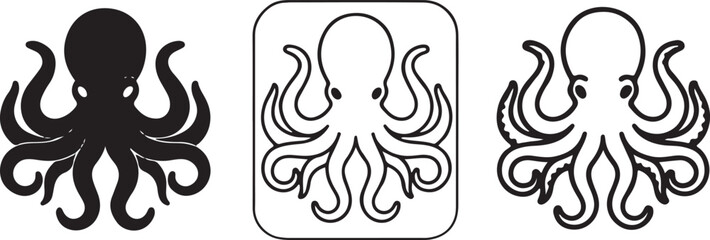 Fototapeta premium Octopus Line Icons Set, Marine Sea Creature Outline Vector Collection for Ocean Wildlife and Aquarium Design