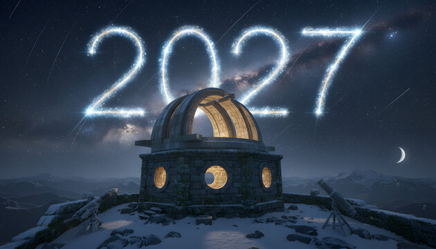 Night Sky with Starry Numbers and Observatory Dome in Winter