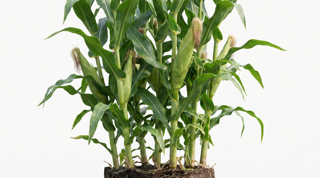 Fresh green corn plants growing in soil against a clean white background.