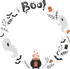 Fototapeta premium Halloween frame featuring friendly ghosts, bats, spooky lettering, a witch cauldron, mushrooms, and botanical elements surrounding a blank space for text.