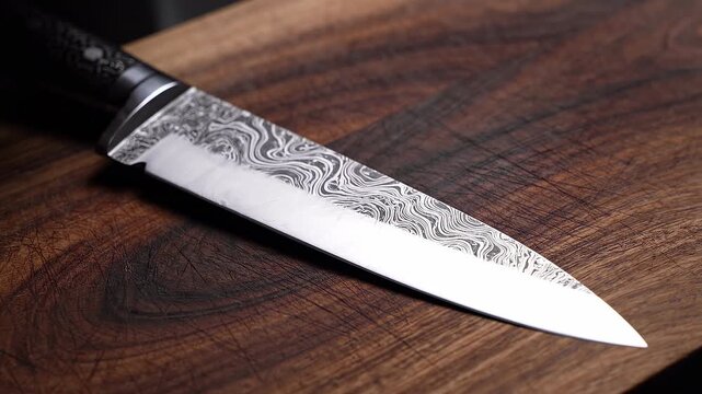 Close-up of Damascus steel knife on wooden board