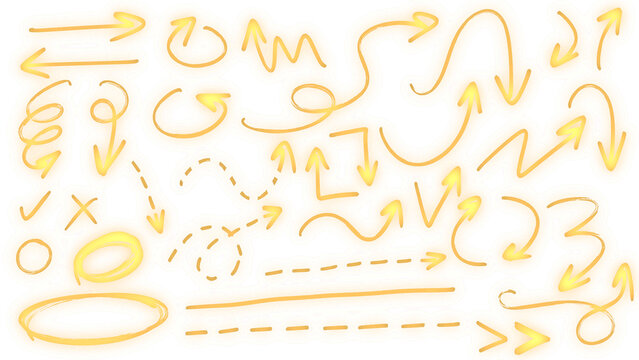 Neon yellow glowing scribble arrows mega bundle, bright bloom effect marker highlights, cyber neon aura presentation markup set on transparent background