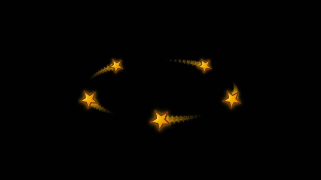 Cartoon stars dizzy golden animation spinning on black background. 4K Video