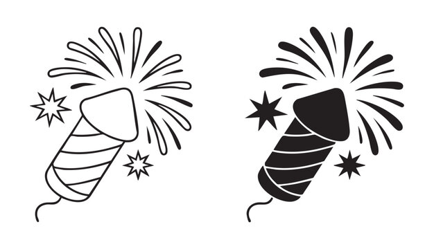 Firework rocket with sparklers vector line icons isolated on transparent checkered background set.